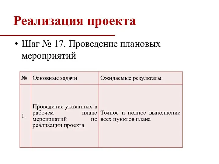 Реализация проекта Шаг № 17. Проведение плановых мероприятий