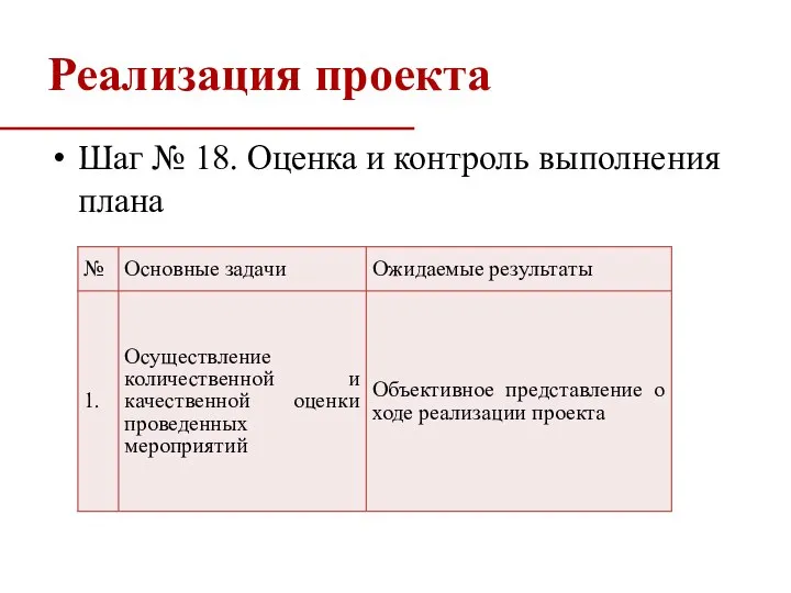 Реализация проекта Шаг № 18. Оценка и контроль выполнения плана