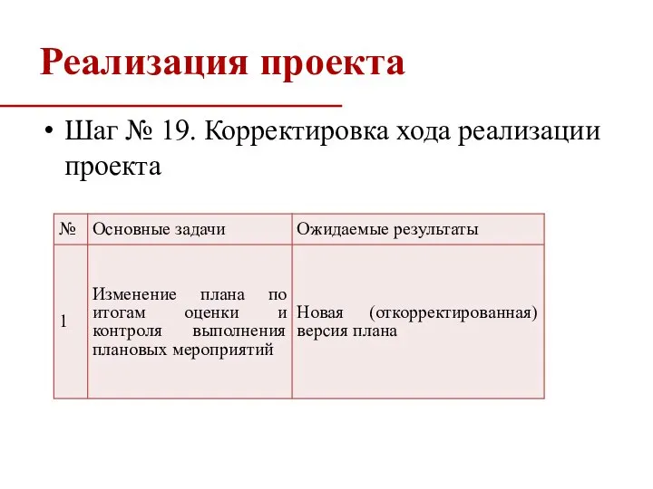 Реализация проекта Шаг № 19. Корректировка хода реализации проекта