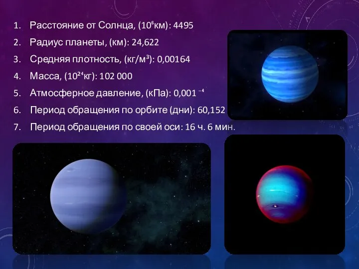 Расстояние от Солнца, (10⁶км): 4495 Радиус планеты, (км): 24,622 Средняя плотность,