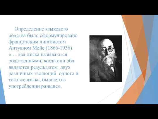 Определение языкового родства было сформулировано французским лингвистом Антуаном Мейе (1866-1936) «