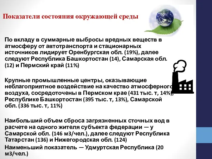 Показатели состояния окружающей среды По вкладу в суммарные выбросы вредных веществ