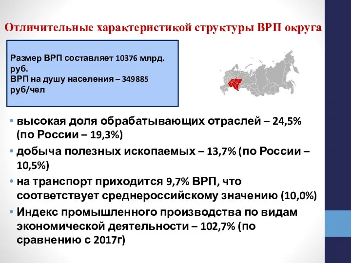 Отличительные характеристикой структуры ВРП округа высокая доля обрабатывающих отраслей – 24,5%