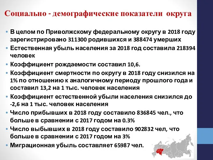 Социально - демографические показатели округа В целом по Приволжскому федеральному округу