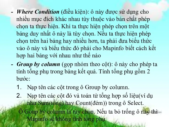 Where Condition (điều kiện): ô này được sử dụng cho nhiều