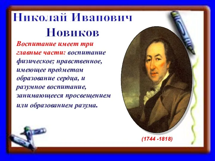 Николай Иванович Новиков (1744 -1818) Воспитание имеет три главные части: воспитание