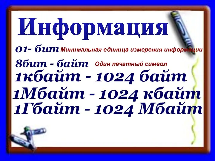 Минимальная единица измерения информации Один печатный символ 01- бит 8бит -