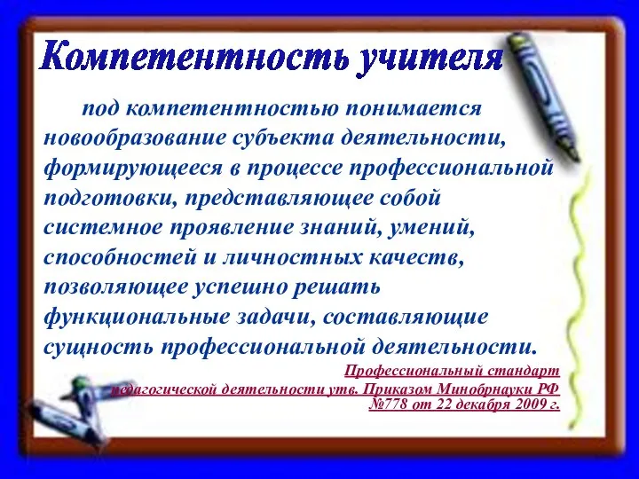 Компетентность учителя под компетентностью понимается новообразование субъекта деятельности, формирующееся в процессе