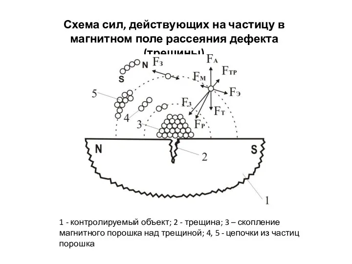 Схема сил, действующих на частицу в магнитном поле рассеяния дефекта (трещины)