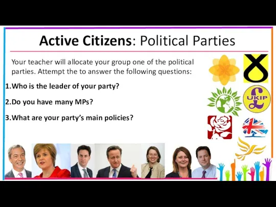 Active Citizens: Political Parties Your teacher will allocate your group one