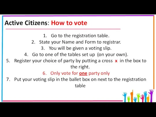 Active Citizens: How to vote Go to the registration table. State