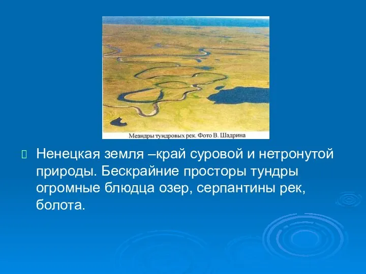 Ненецкая земля –край суровой и нетронутой природы. Бескрайние просторы тундры огромные блюдца озер, серпантины рек, болота.