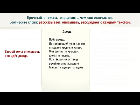 Прочитайте тексты, определите, чем они отличаются. Соотнесите слова: рассказывает, описывать, рассуждает