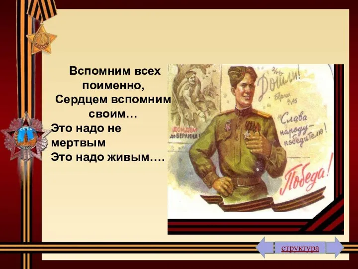 структура Вспомним всех поименно, Сердцем вспомним своим… Это надо не мертвым Это надо живым….