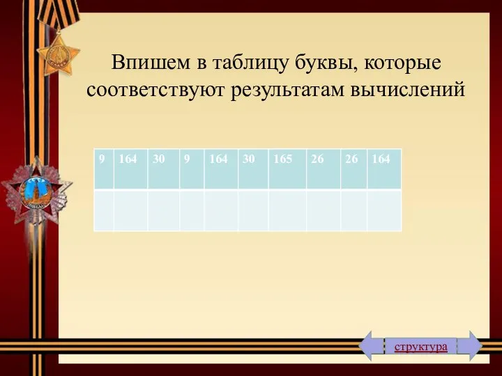 Впишем в таблицу буквы, которые соответствуют результатам вычислений структура