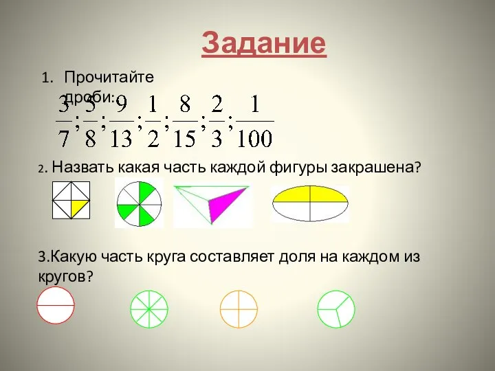 Задание Прочитайте дроби: 2. Назвать какая часть каждой фигуры закрашена? 3.Какую