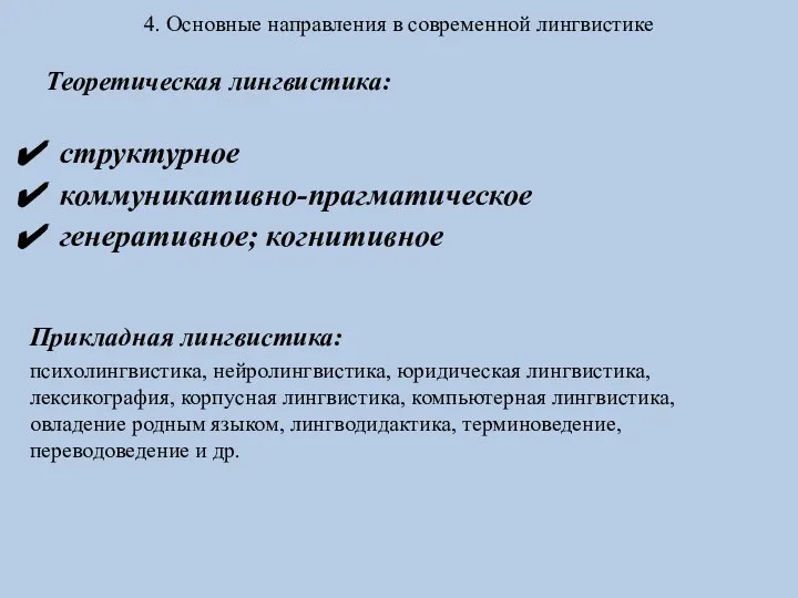 4. Основные направления в современной лингвистике Теоретическая лингвистика: структурное коммуникативно-прагматическое генеративное;