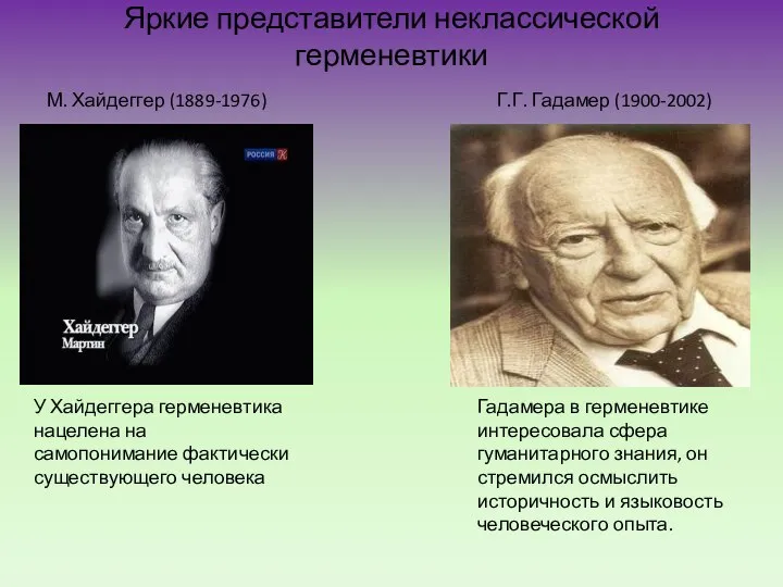 Яркие представители неклассической герменевтики У Хайдеггера герменевтика нацелена на самопонимание фактически