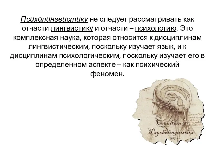 Психолингвистику не следует рассматривать как отчасти лингвистику и отчасти – психологию.