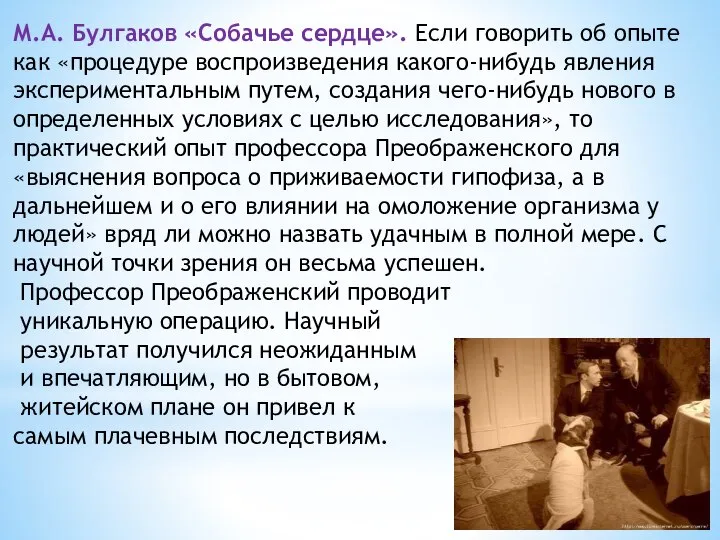 М.А. Булгаков «Собачье сердце». Если говорить об опыте как «процедуре воспроизведения