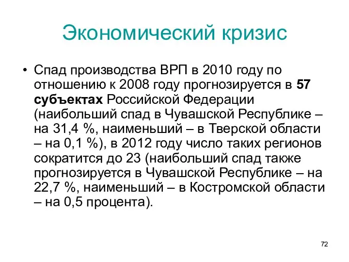 Экономический кризис Спад производства ВРП в 2010 году по отношению к