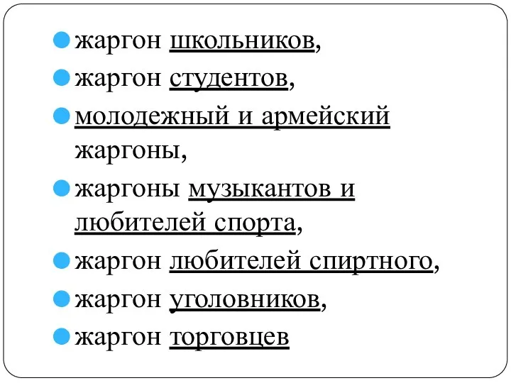 жаргон школьников, жаргон студентов, молодежный и армейский жаргоны, жаргоны музыкантов и