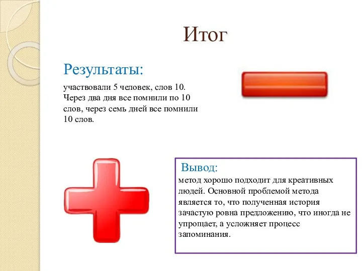 Итог Результаты: участвовали 5 человек, слов 10. Через два дня все