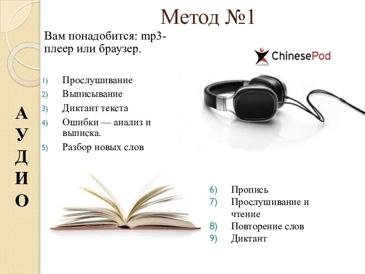 Метод №1 Вам понадобится: mp3-плеер или браузер. Прослушивание Выписывание Диктант текста