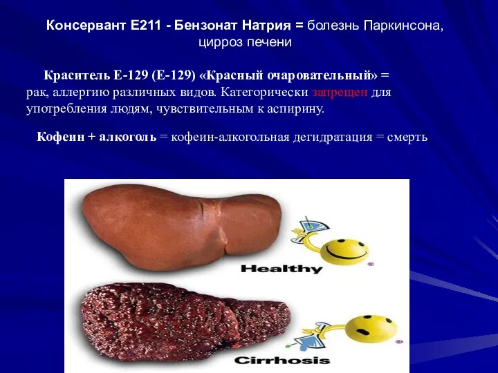 Консервант Е211 - Бензонат Натрия = болезнь Паркинсона, цирроз печени Краситель