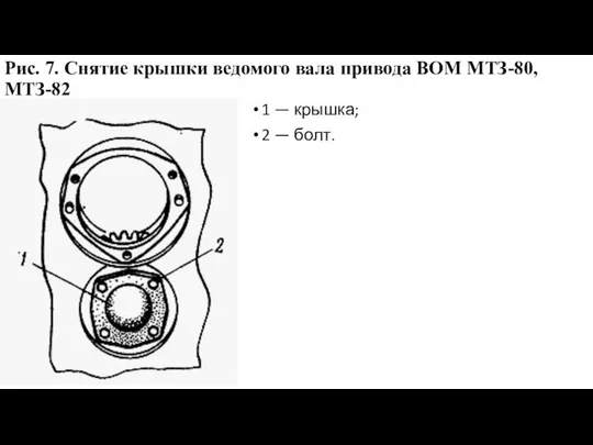 Рис. 7. Снятие крышки ведомого вала привода ВОМ МТЗ-80, МТЗ-82 1 — крышка; 2 — болт.