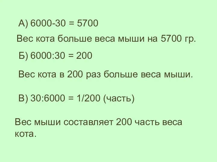 Вес кота больше веса мыши на 5700 гр. Вес кота в