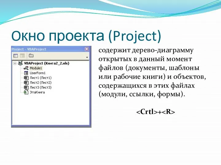 Oкно проекта (Project) содержит дерево-диаграмму открытых в данный момент файлов (документы,