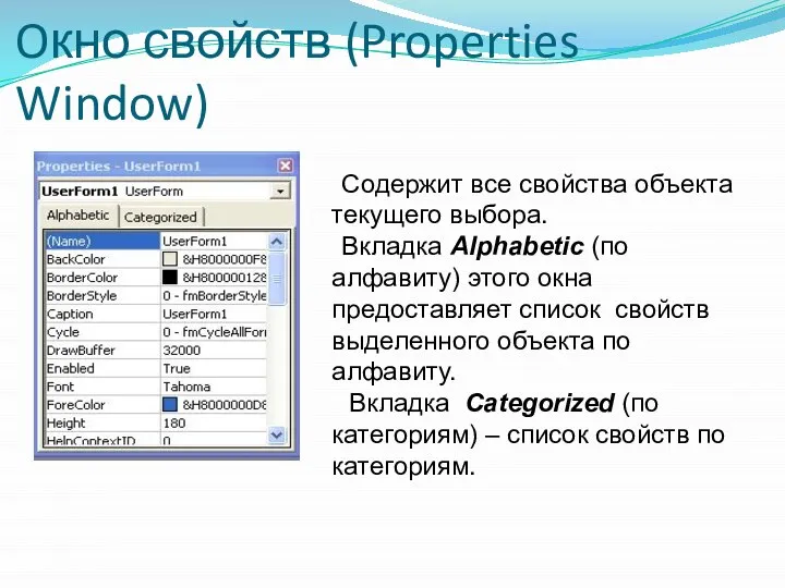 Oкно свойств (Properties Window) Содержит все свойства объекта текущего выбора. Вкладка