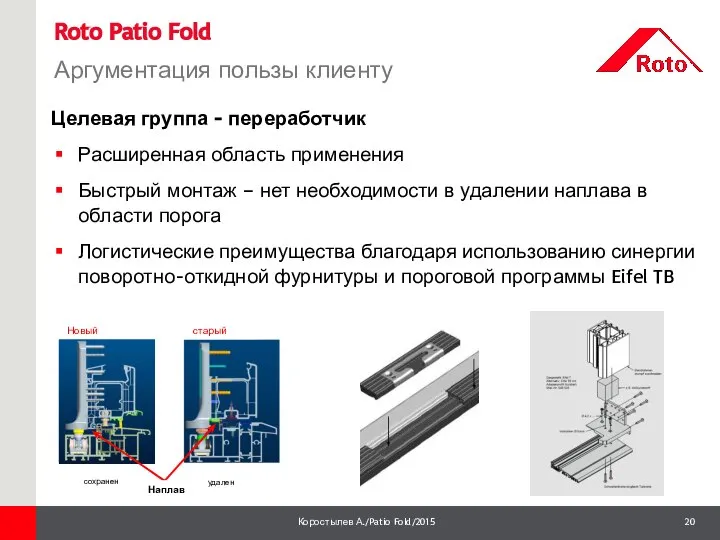 Roto Patio Fold Аргументация пользы клиенту Целевая группа - переработчик Расширенная