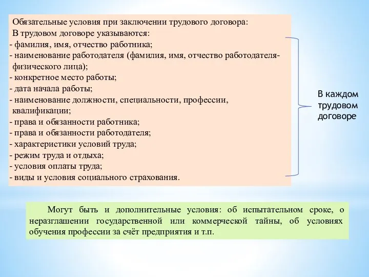 Обязательные условия при заключении трудового договора: В трудовом договоре указываются: фамилия,