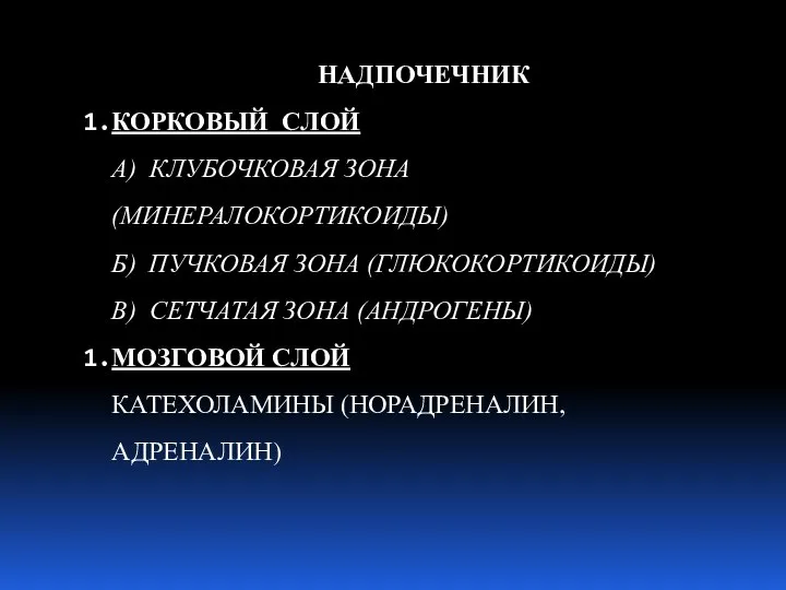 НАДПОЧЕЧНИК КОРКОВЫЙ СЛОЙ А) КЛУБОЧКОВАЯ ЗОНА (МИНЕРАЛОКОРТИКОИДЫ) Б) ПУЧКОВАЯ ЗОНА (ГЛЮКОКОРТИКОИДЫ)