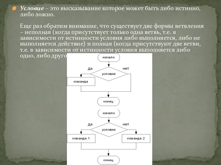 Условие – это высказывание которое может быть либо истинно, либо ложно.