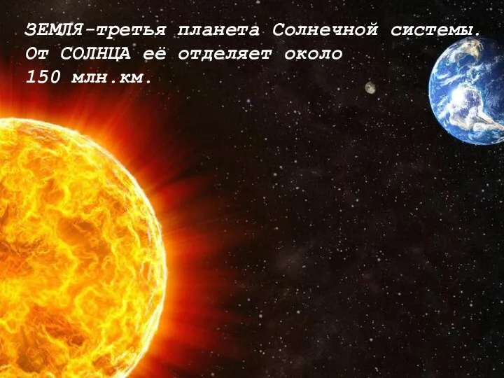 ЗЕМЛЯ-третья планета Солнечной системы. От СОЛНЦА её отделяет около 150 млн.км.