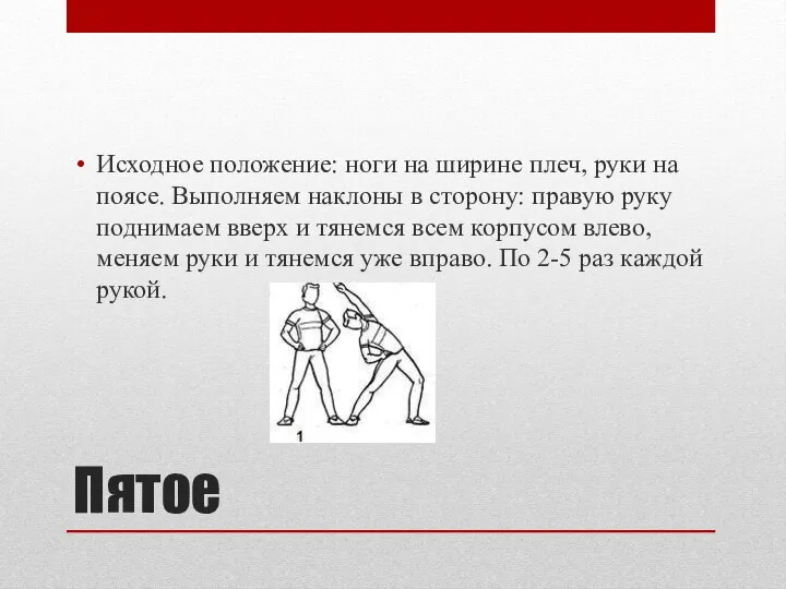 Пятое Исходное положение: ноги на ширине плеч, руки на поясе. Выполняем