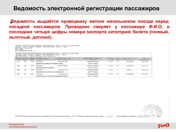 Ведомость электронной регистрации пассажиров Ведомость выдаётся проводнику вагона начальником поезда перед