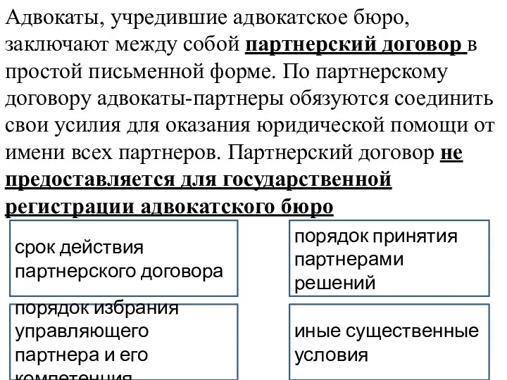 Адвокаты, учредившие адвокатское бюро, заключают между собой партнерский договор в простой