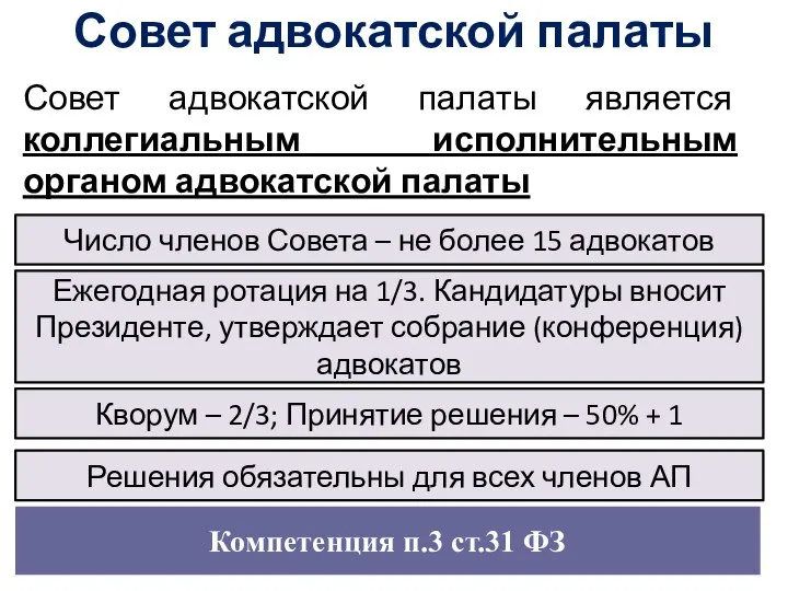 Совет адвокатской палаты Совет адвокатской палаты является коллегиальным исполнительным органом адвокатской