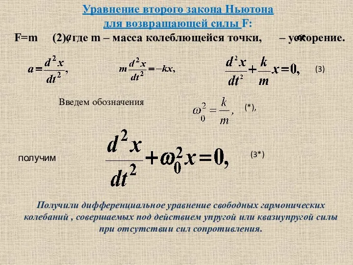 Уравнение второго закона Ньютона для возвращающей силы F: F=m (2), где