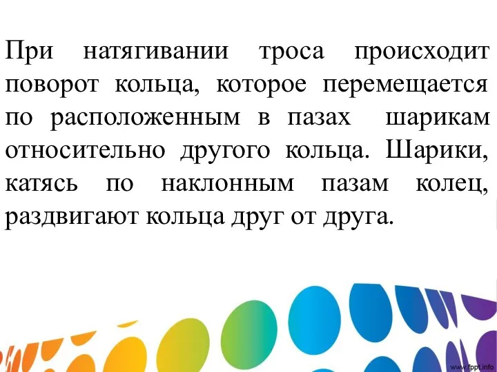 При натягивании троса происходит поворот кольца, которое перемещается по расположенным в