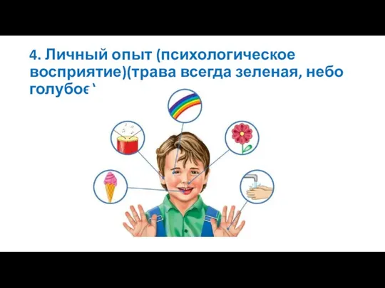 4. Личный опыт (психологическое восприятие)(трава всегда зеленая, небо голубое).