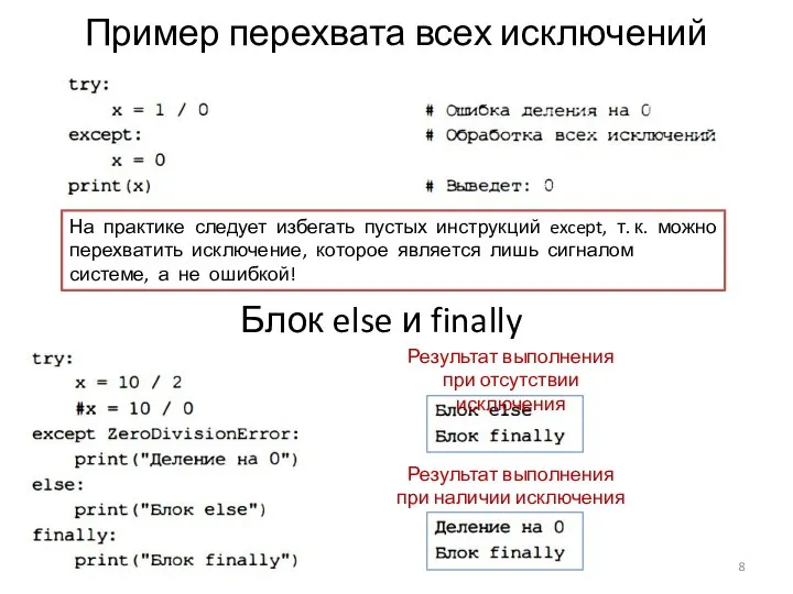 Пример перехвата всех исключений На практике следует избегать пустых инструкций except,