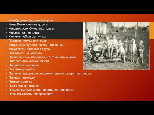 Колабродить- бродить без дела Колдобина- кочки на дороге Коновник, столбунец- вид