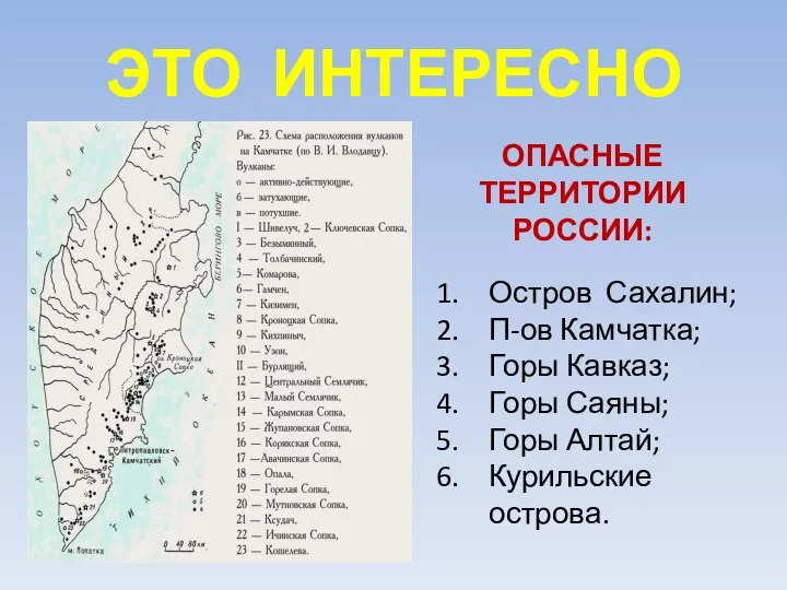 ЭТО ИНТЕРЕСНО ОПАСНЫЕ ТЕРРИТОРИИ РОССИИ: Остров Сахалин; П-ов Камчатка; Горы Кавказ;