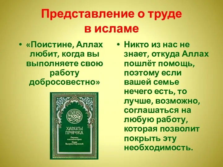 Представление о труде в исламе «Поистине, Аллах любит, когда вы выполняете