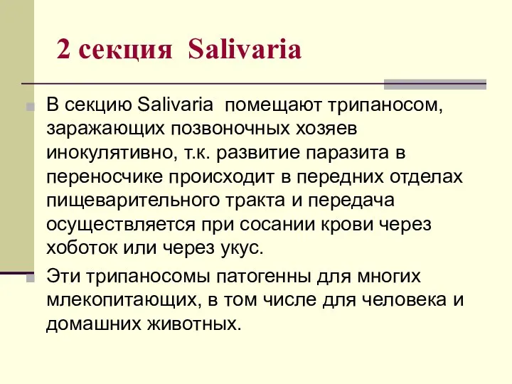 2 секция Salivaria В секцию Salivaria помещают трипаносом, заражающих позвоночных хозяев